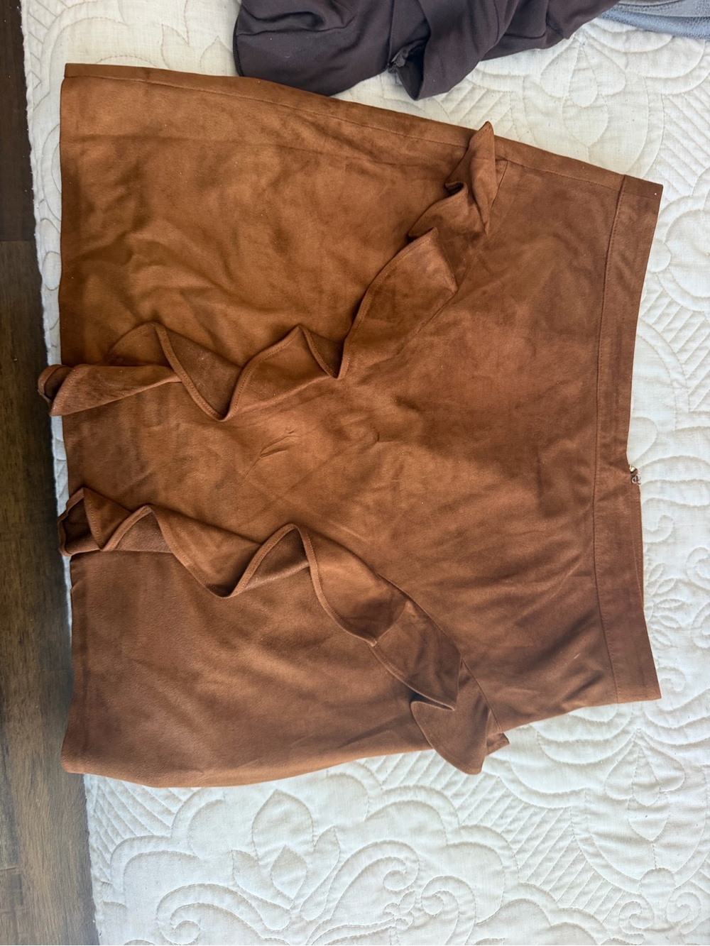 House of CB Brown Faux-Suede Ruffle Hem Skort